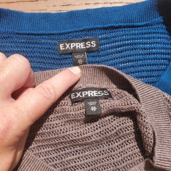 Express 2 Blue Tan Off Shoulder Sweaters Classic Casual Batwing Dolman Preppy XS - Picture 8 of 10